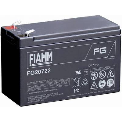 Čierna nabíjateľná batéria FIAMM FG20722 12V 7,2Ah s hornými svorkami a vytlačenými bezpečnostnými štítkami.