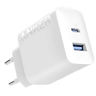 Biela nástenná nabíjačka Anker s dvoma USB portami, zobrazená v uhlovanom pohľade na bielom pozadí.