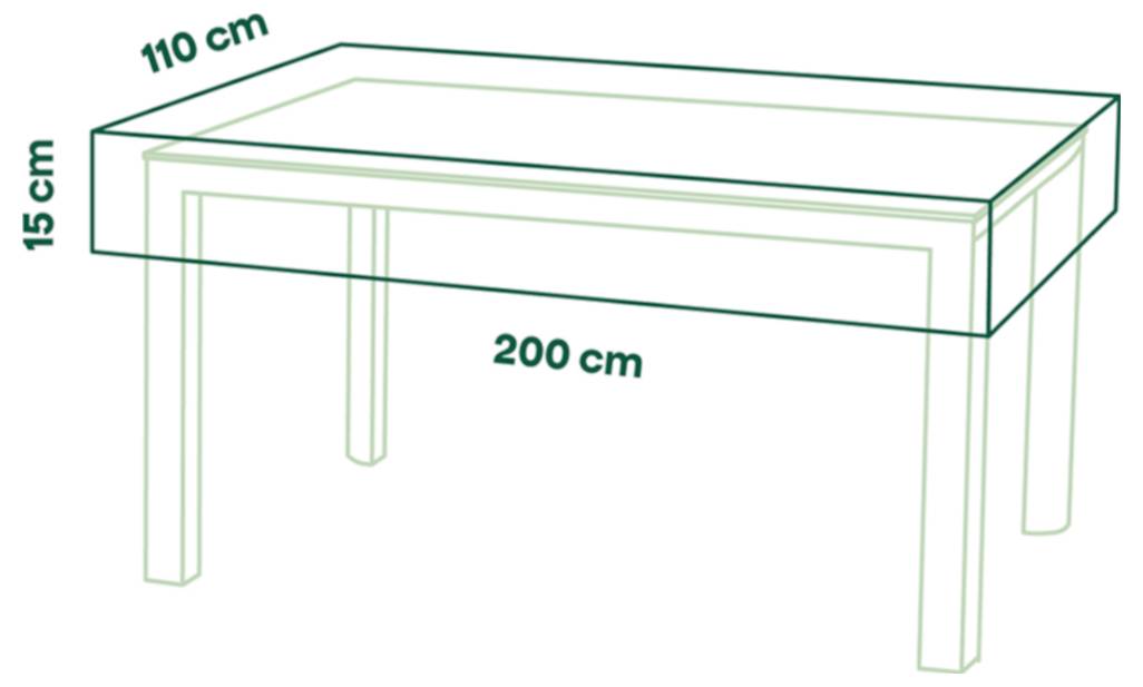 Diagram obdĺžnikového stola s rozmermi 200 cm na dĺžku, 110 cm na šírku a 15 cm na výšku.