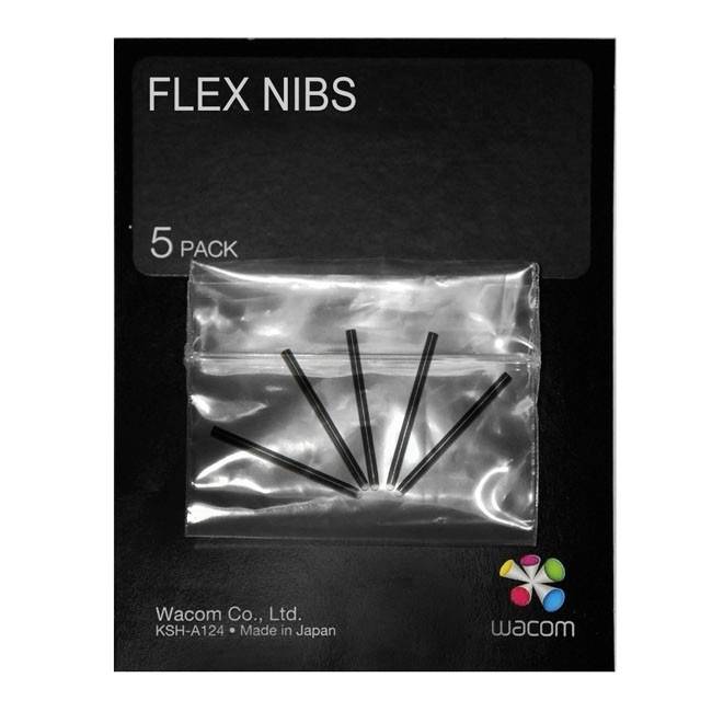 Wacom 'Flex Nibs' 5-balení náhradných špičiek pera v priehľadnom plastovom vrecku na čiernom balení.