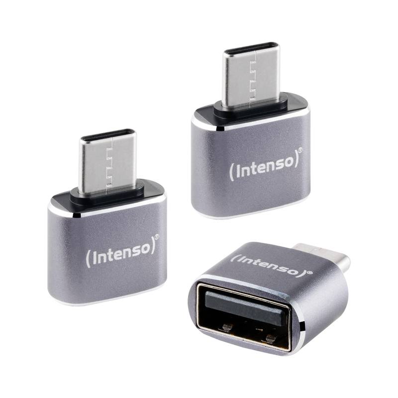 Tri strieborné adaptéry Intenso USB-C zobrazené z rôznych uhlov, jeden ležiaci naplocho a dva stojaci vzpriamene na bielom pozadí.