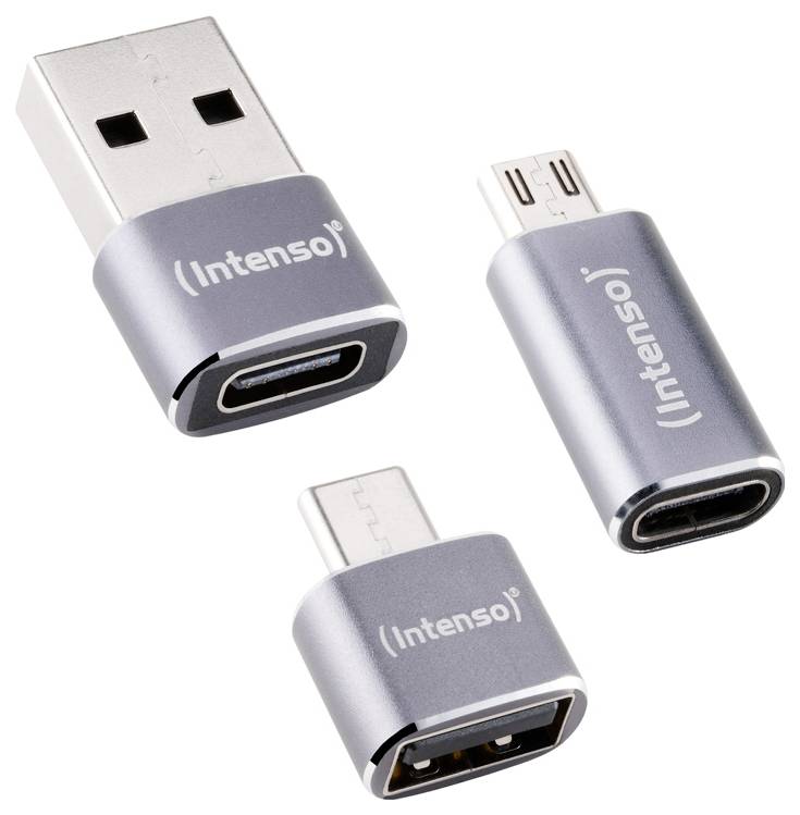 Tri adaptérové dongly Intenso USB v striebornej farbe, s rôznymi konektorovými koncovkami: USB-A na USB-C, USB-C na micro-USB a USB-C na USB-A.