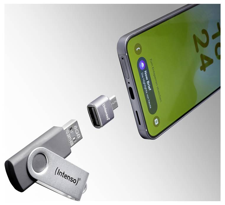 Smartphone s portom USB-C je zobrazený s prijímaním vymeniteľnej USB-C flash pamäte a druhého adaptéra, ktorý ilustruje rozšíriteľné úložisko alebo prenos súborov.