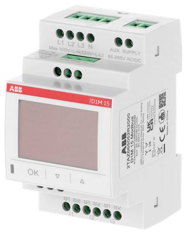 ABB ID1M 15 digitálny energomer s prázdnym displejom a označenými pripojovacími svorkami na bielom modulárnom zariadení