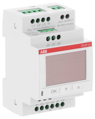ABB DIM15 modul elektrického riadenia s displejom a tlačidlami OK/hore/dole, označený L1 L2 L3 N a AUX SUPPLY 85–265V AC/DC.
