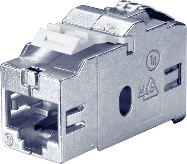 Zblížený záber kovového modulu sieťového konektora Ethernet s bielou zámykovou záložkou, zobrazený izolovaný na bielom pozadí.