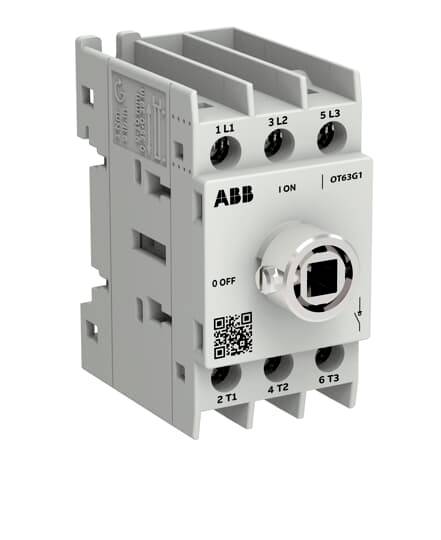 ABB OT63G1 trojpolohový otočný spínač/odpájač s označeniami ON/OFF a označením svoriek pre elektrickú inštaláciu.