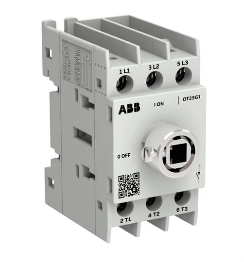 ABB OT25F3 trojpólový odpínací spínač s rotačnou rukoväťou a označením svoriek na bielom pozadí.