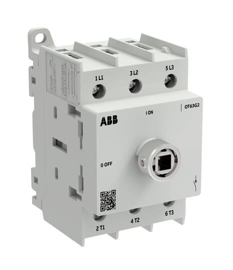 Elektrický prepínač/odpájač ABB s rotačným predným gombíkom, označený 1L1, 3L2, 5L3 a 2T1, 4T2, 6T3, v sivej skrinke.