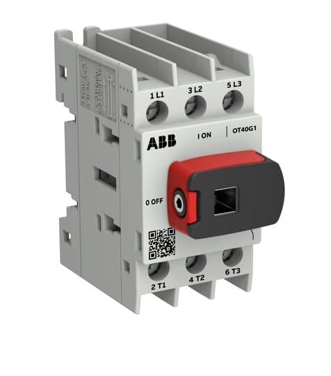 ABB OT40G1 rotačný spínač odpojovača s červeno-čiernym ovládačom, svorkami označenými 1L1, 3L2, 5L3 a 2T1, 4T2, 6T3, s označeniami ION/OFF.