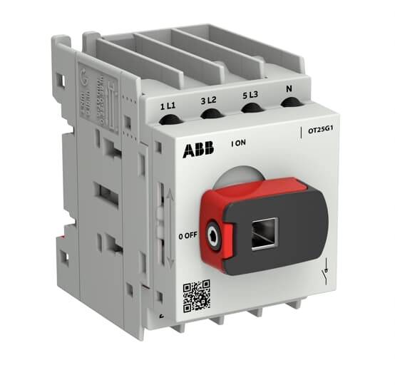 ABB OT25G1 trojpólový spínač s odľahovacím kontaktom s červeným a čiernym otočným ovládačom, označený I ZAP a 0 VYP.