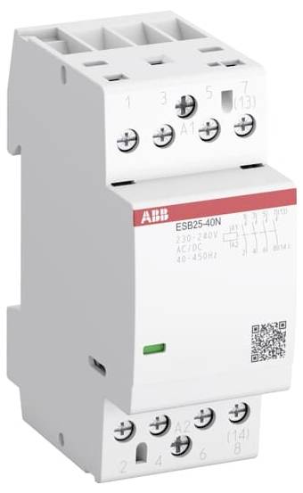 ABB ESB25-40N elektrický relé modul so skrutkovými svorkami a značkami popisu, zobrazený na bielom pozadí.