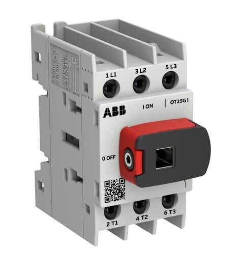 ABB OT25G1 rotačný odpájací spínač s červeným a čiernym ovládačom ON/OFF a označenými svorkami pre elektrickú inštaláciu.