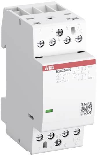 ABB ESB25-40N elektrické relé s skrutkovacími svorkami a tlačeným schematickom zapojení na bielom puzdre