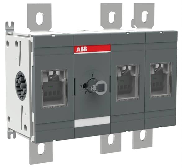 ABB trojpólový elektrický istič s tmavošedým krytom, jasnými inšpekčnými oknami a montážnymi záložkami na bielom pozadí