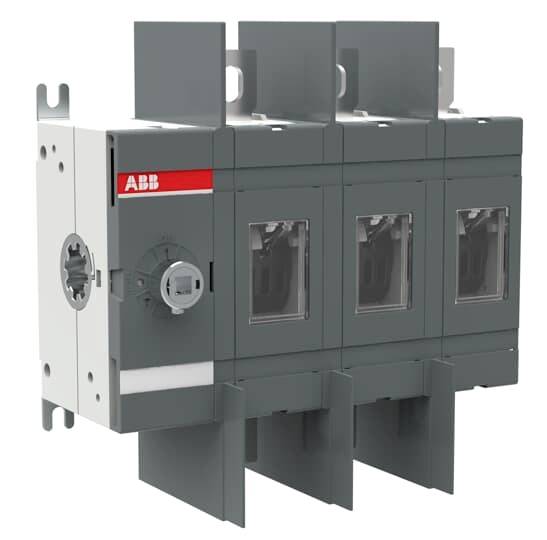 ABB elektrický rozvádzač s tromi okienkami pre pozorování a hornými svorkovnicami, znázornený v 3D pohľade na produkt.