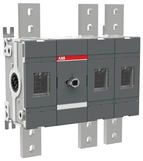 ABB elektrický istič s trojfázovými zbernicovými svorkami a centrálnym rotačným spínačom na sivej priemyselnej jednotke.