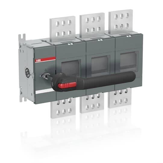 Priemyselný elektrický rozvádzač s veľkou čiernou pákou a logom ABB, namontovaný na kovových zbernicách.