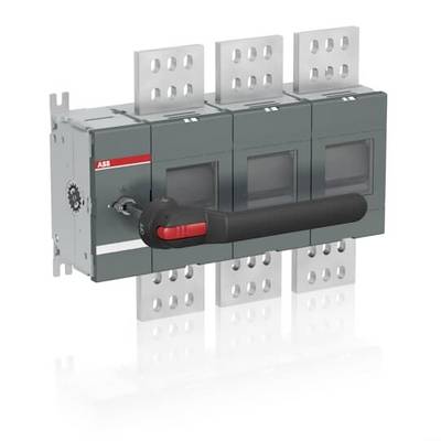 Priemyselný elektrický rozvádzač s veľkou čiernou pákou a logom ABB, namontovaný na kovových zbernicách.