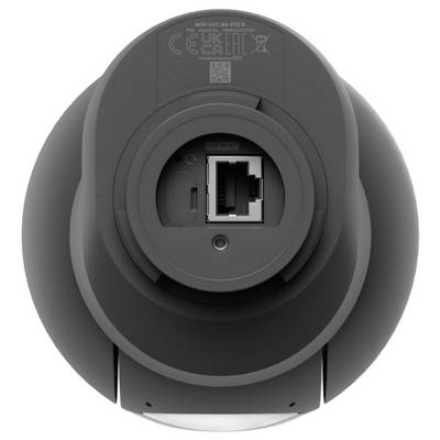 Zadný pohľad na tmavosivú bezpečnostnú kameru, ktorá zobrazuje port Ethernet a oblasť montáže.