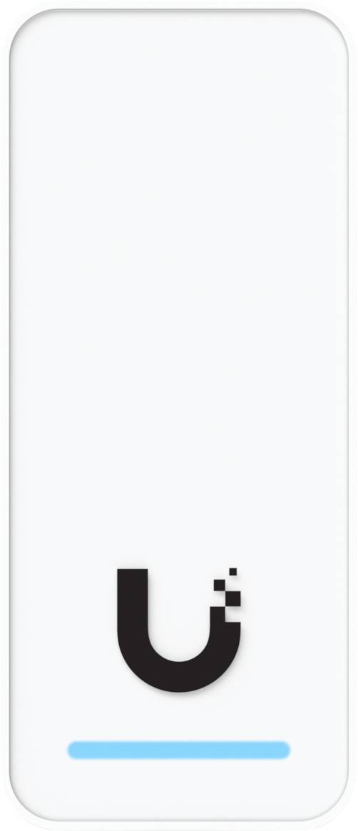 Minimalistická biela obrazovka zariadenia so zaoblenými rohmi s centrovaným čiernym logom a malým modrým indikátorom priebehu blízko spodnej časti.