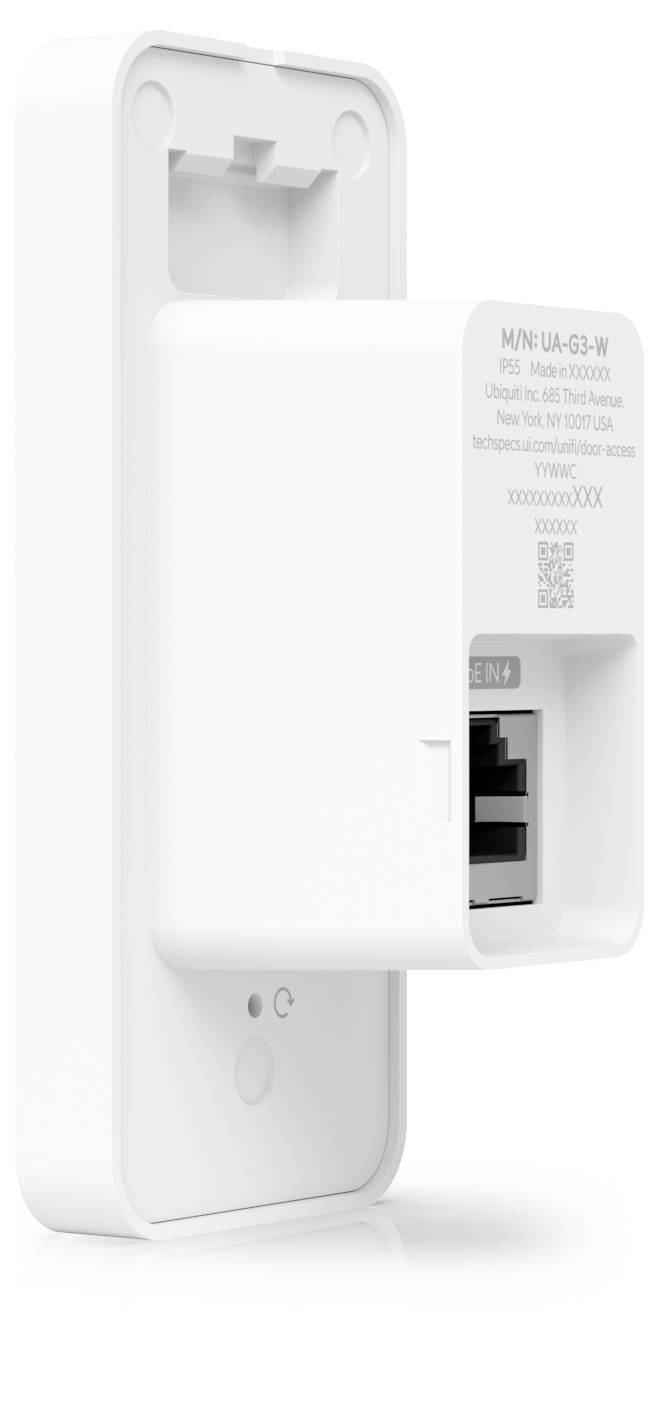Biely bezdrôtový sieťový prístroj so sklopnou zásuvkou na stenu a portom Ethernet, zobrazený v bočnom pohľade na bielom pozadí.