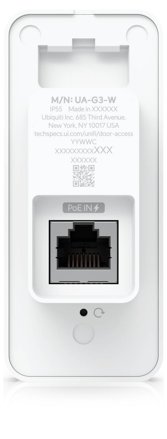 Biely nástenný sieťový prístroj s portom Ethernet, QR kódom a vytlačeným textom modelu „UA-G3-W" a „PoE IN".