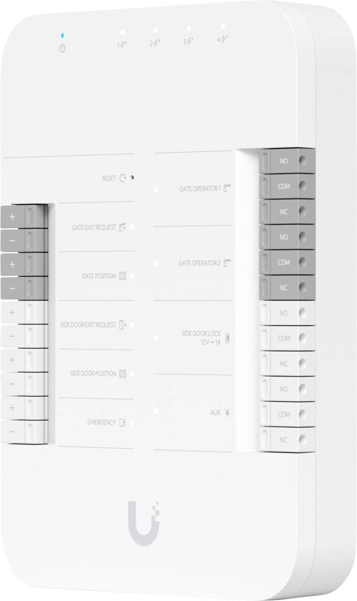 Biely nástenný inteligentný panel na domácu automatizáciu s dotykovými posúvačmi a označenými tlačidlami na ovládanie osvetlenia, teploty a bezpečnosti.
