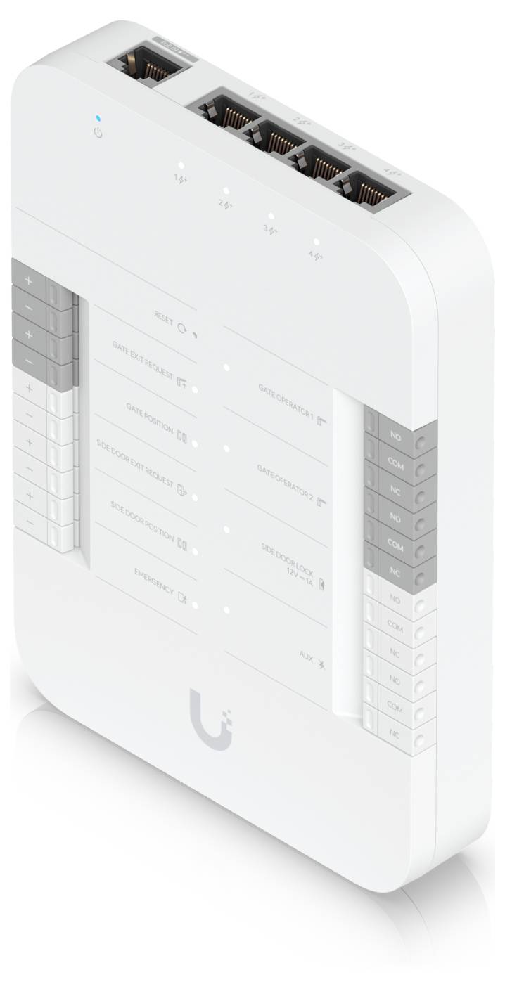 Biely sieťový prepínač Ubiquiti s viacerými portami Ethernet, zobrazený v uhlopriečnom pohľade produktu s predsadami stavovými indikátormi a bočnými indikátormi portov.
