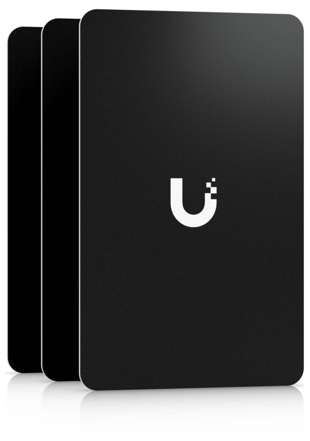 Tri sa prekrývajúce čierne zaoblené obdĺžnikové karty alebo brožúry, každá s bielym štylizovaným logom "u" na prednej strane.
