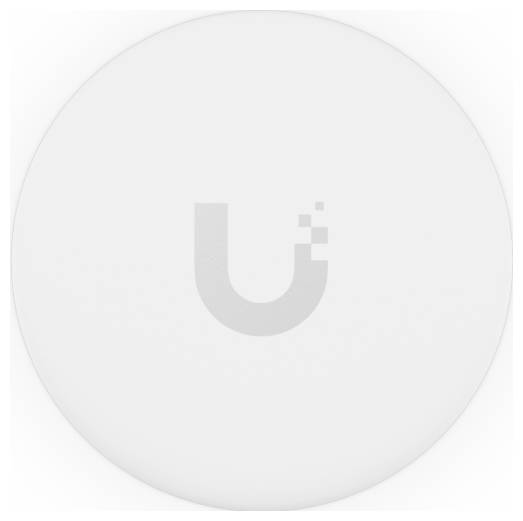 Svetlosivé kruhové tlačidlo so štylizovaným malým logom "u" v strede na bielom pozadí.
