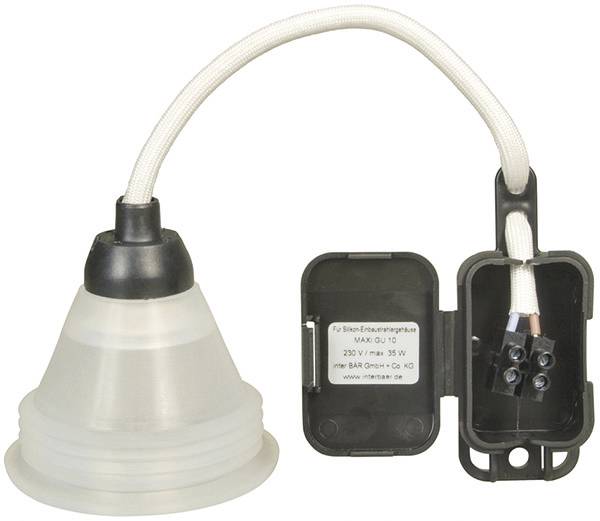Držiak silikónovej lampy s bielym flexibilným kábľom a čiernou nástennou základňou zobrazený otvorený, odhaľujúci zapojenie elektrických vedení.