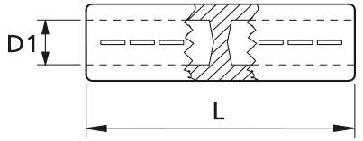 Diagram valcového dielu zobrazujúci rozmer D1 pre priemer a L pre celkovú dĺžku, s vyrezanou stredovou časťou zvýraznenou šrafovaním a prerušovacími čiarami.