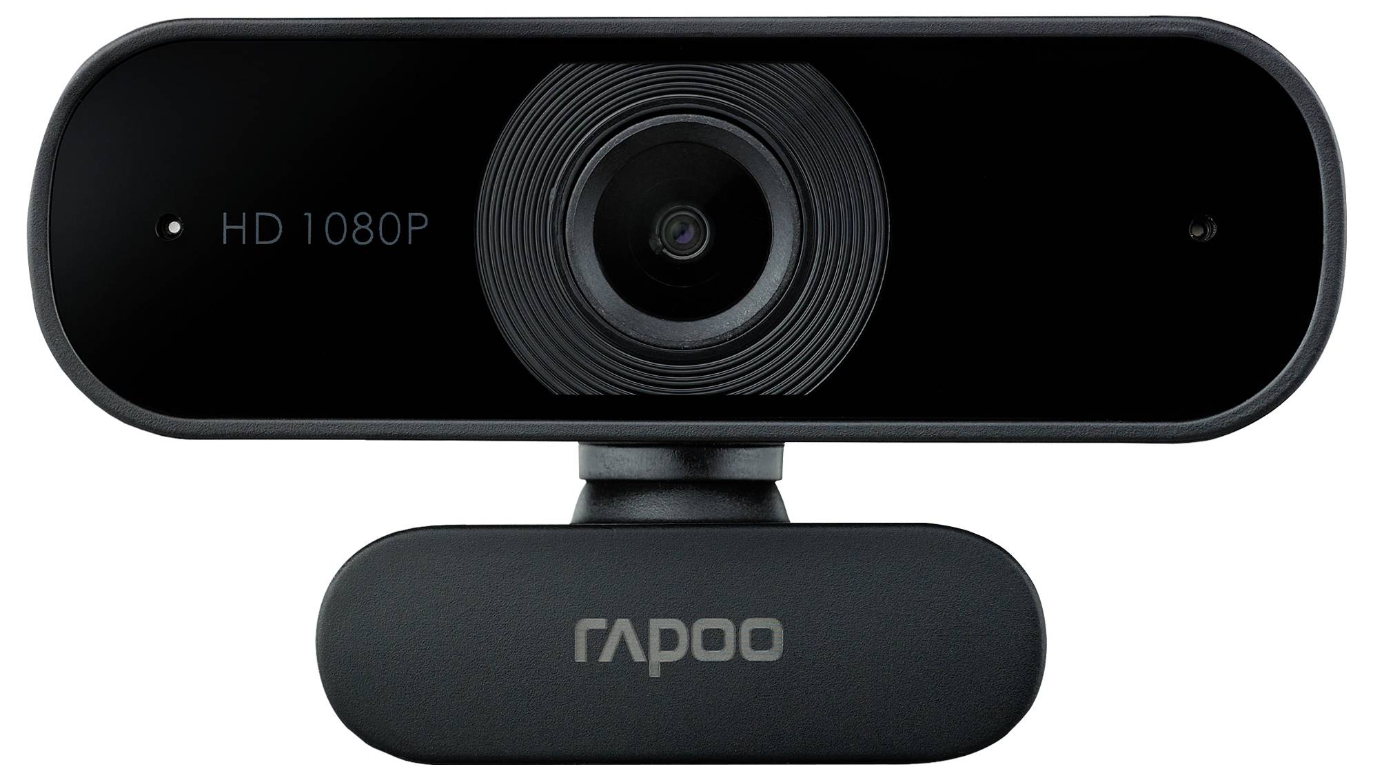 Čierna webkamera Rapoo HD 1080P so centrovanou šošovkou a vstavaným mikrofónom, znázornená v čelnom pohľade na bielom pozadí.