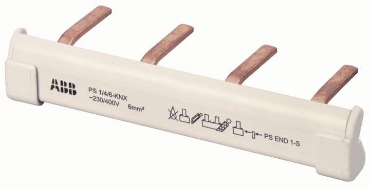 ABB PS 1/4-KNX rozdeľovač výkonu s štyrmi medenými kolíkmi, označený 230/400V a 6mm².