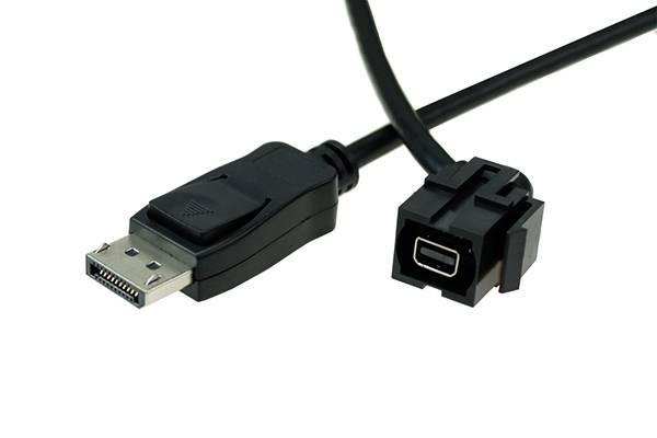 DisplayPort kábel s jedným samčím DisplayPort konektorom a jedným samicom konektora adaptéra na bielom pozadí.