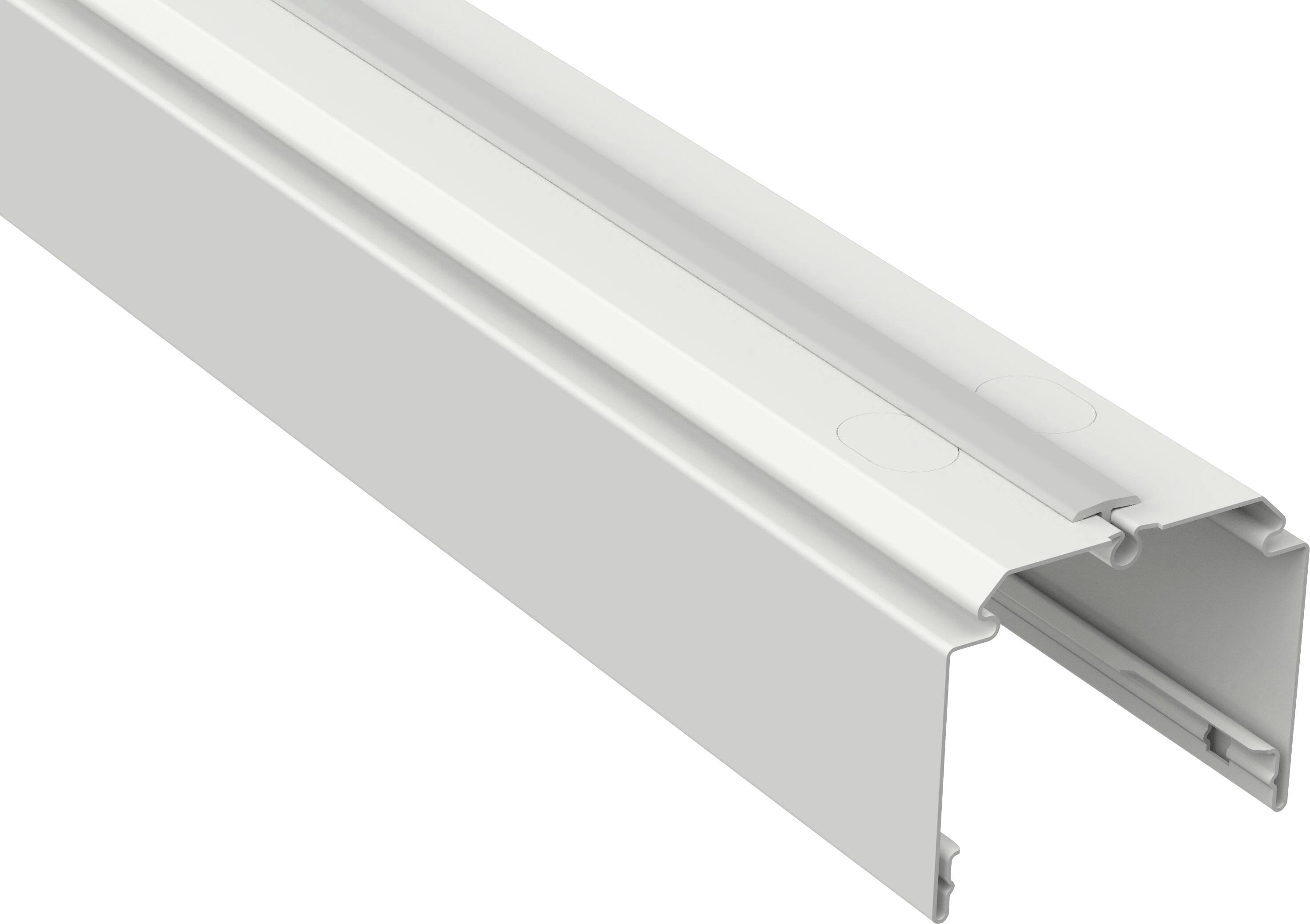 Biely kovový U-tvarovaný kanálový profil zobrazený v perspektíve na jednoduchom pozadí, so štrbinovým interiérom a viditeľným otvoreným koncom.