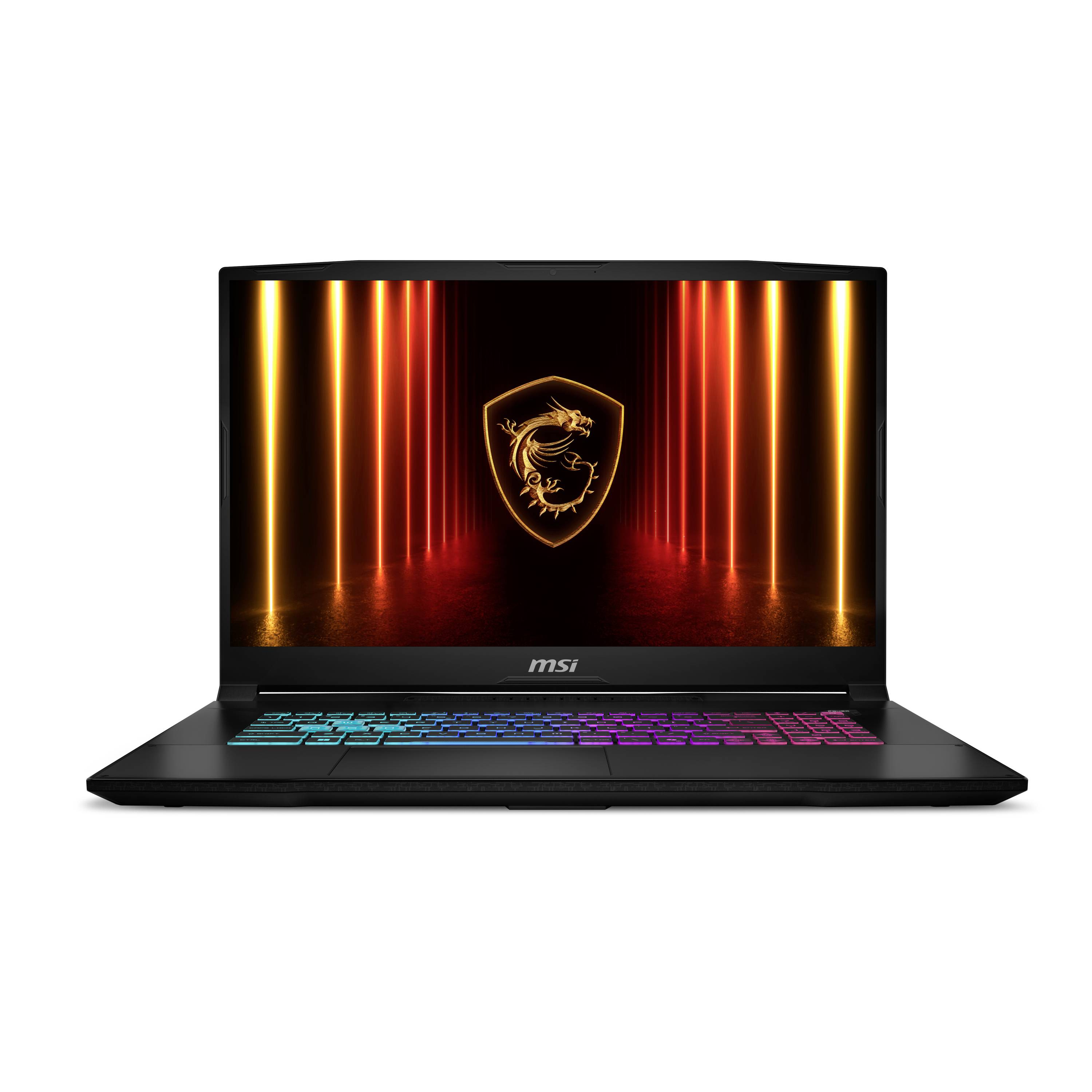 Herný laptop MSI s klávesnicou s RGB podsvietením, zobrazujúci žiarivé logo dračieho štítu na tmavo oranžovo osvetlenej obrazovke.
