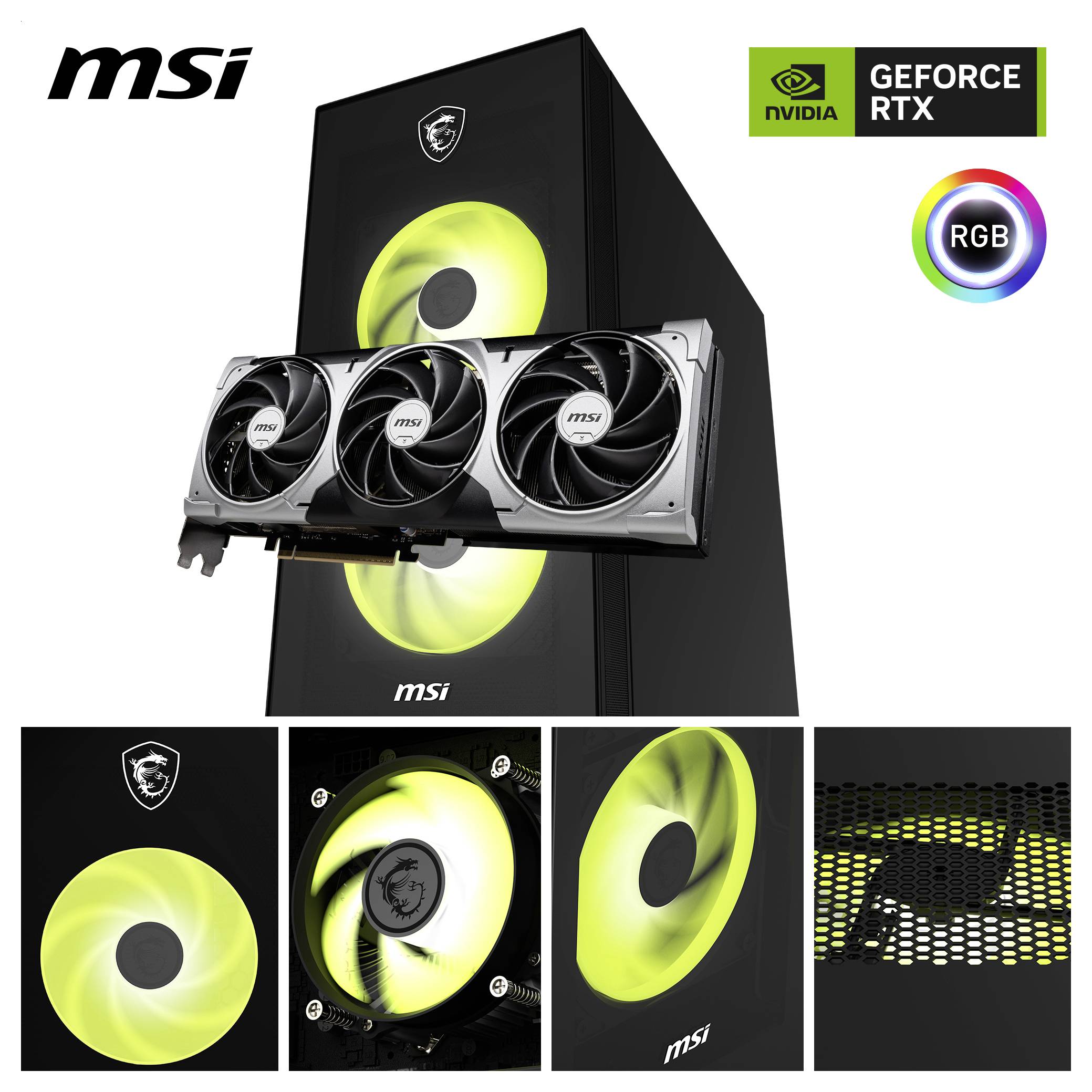 MSI GeForce RTX grafická karta s trojitými ventilátormi a RGB osvetlením, zobrazená s zodpovedajúcim čiernym PC puzdrom a detailnými panelmi zblízka.