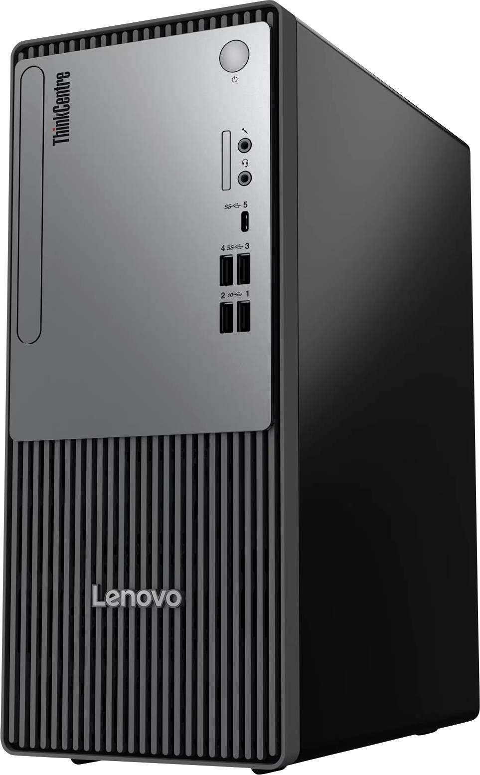 Lenovo ThinkCentre stolný počítač v tvare veže s predným tlačidlom napájania, audio zásuvkami, USB portmi a priestormi pre jednotky.