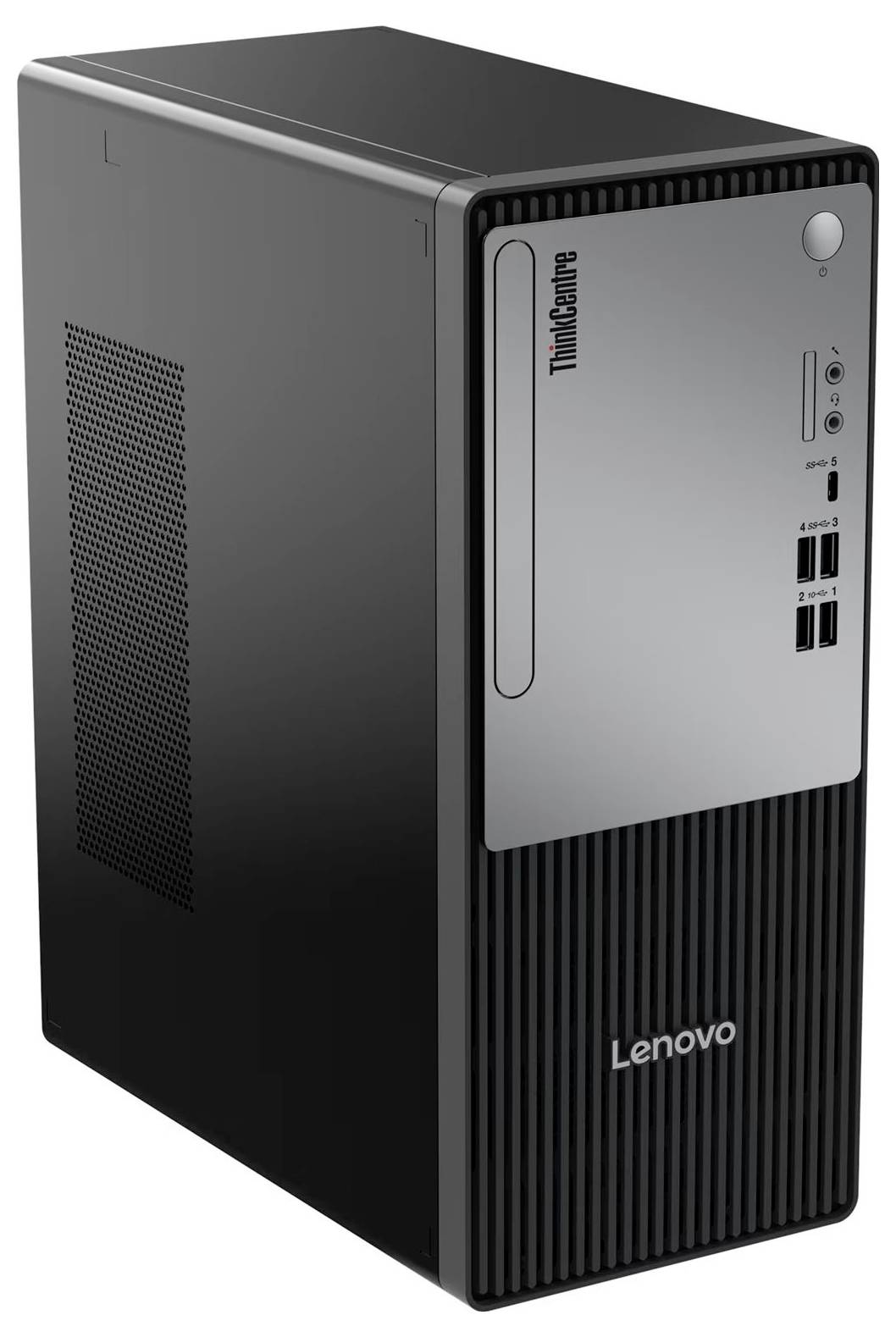 Počítač Lenovo ThinkCentre v tvare stolnej veže zobrazený v šikmom prednom pohľade, čierny kryt so striebornými čelami a značkou "ThinkCentre".