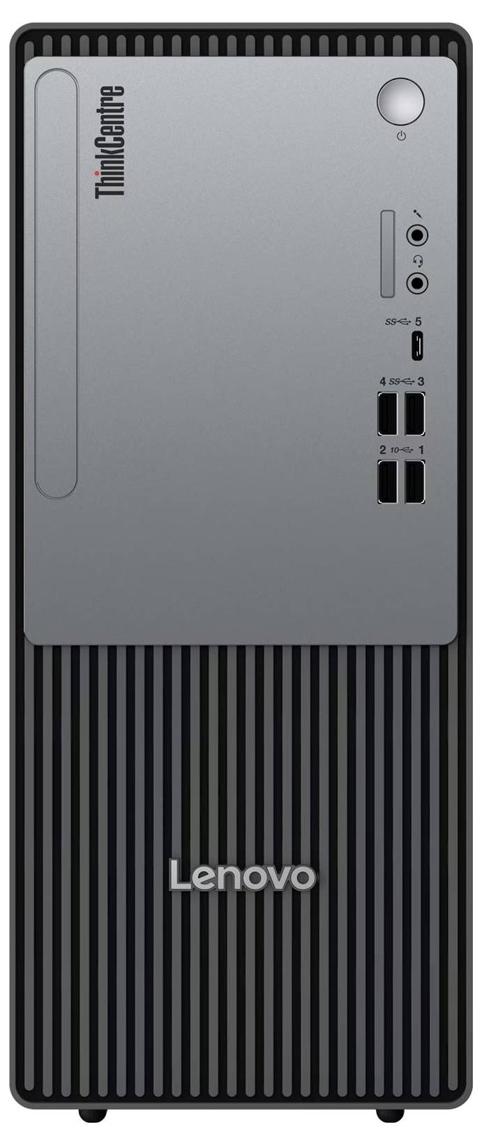 Predný pohľad na stolný počítač Lenovo ThinkCentre s tlačidlom napájania a predným portmi USB/audio na pravej strane.