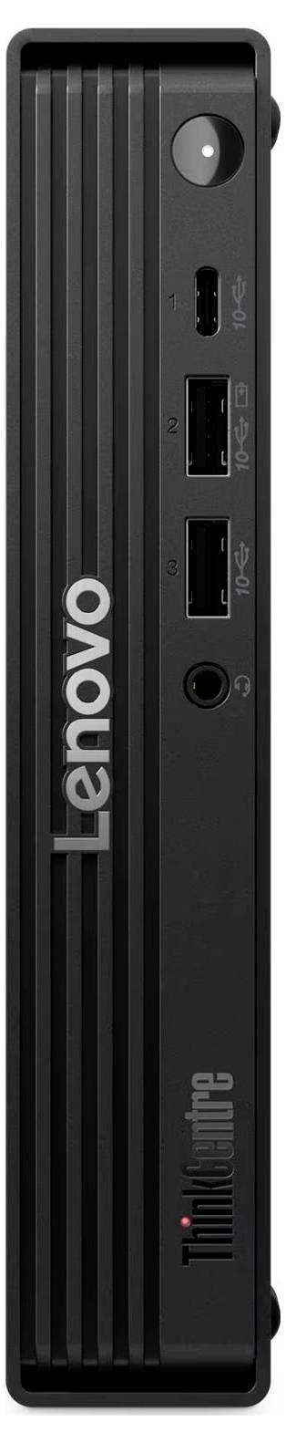 Lenovo ThinkCentre kompaktný stolný počítač s predným panelom obsahujúcim vypínač, dva USB porty a audio zásuvka.
