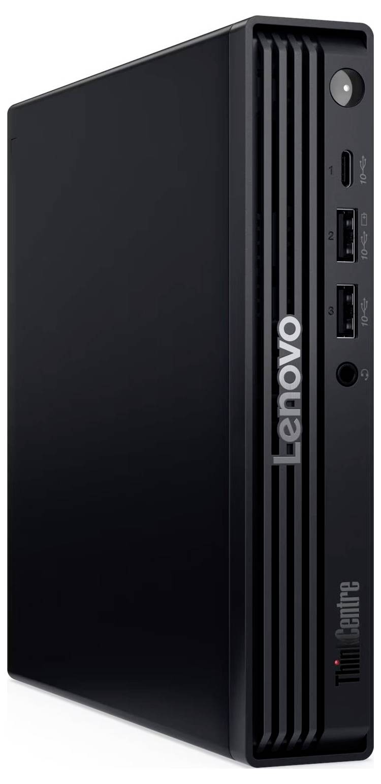 Počítač Lenovo ThinkCentre tiny umiestnený vzpriamene, čierny predný panel s vertikálnymi vetracími štrbinami, tlačidlo napájania, porty a svietiace logo ThinkCentre.