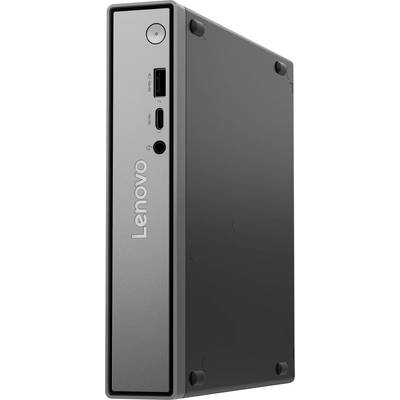 Bočný pohľad na mini stolný počítač Lenovo so zobrazením predného panela s tlačidlom napájania, portami USB-A, USB-C a audio jackmi.