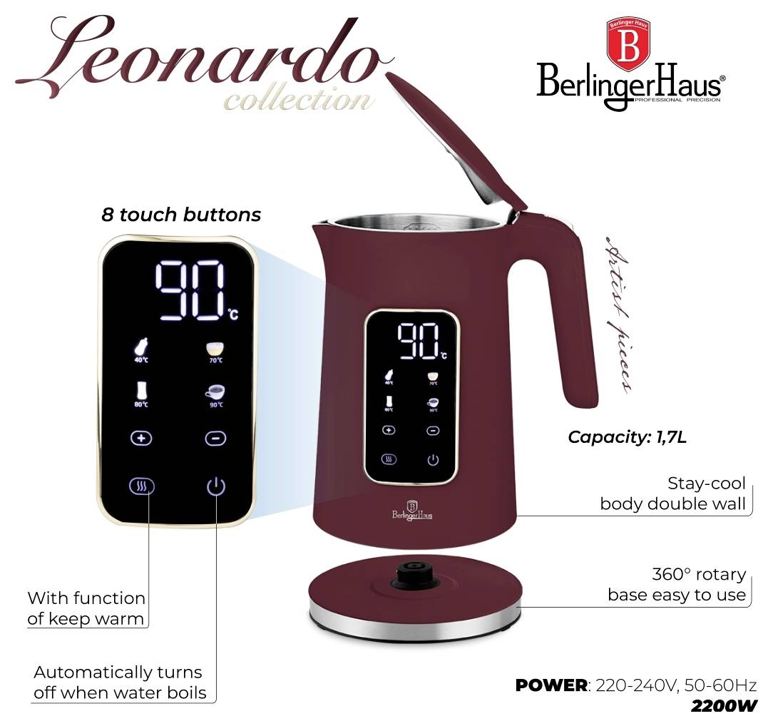 Berlinger Haus 'Leonardo collection' bordový elektrický čajník s 8-tlačidlovým ovládacím panelom, kapacitou 1,7L, funkciou udržiavania teploty, 360° základňou, 2200W.