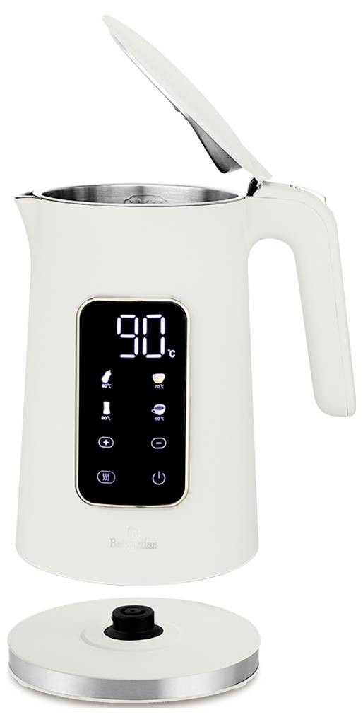 Biela elektrická kanvica s otvoreným vekom, digitálnym displejom teploty ukazujúcim 90°C a osobitnou okrúhlou nabíjacou stanicou pod ňou.