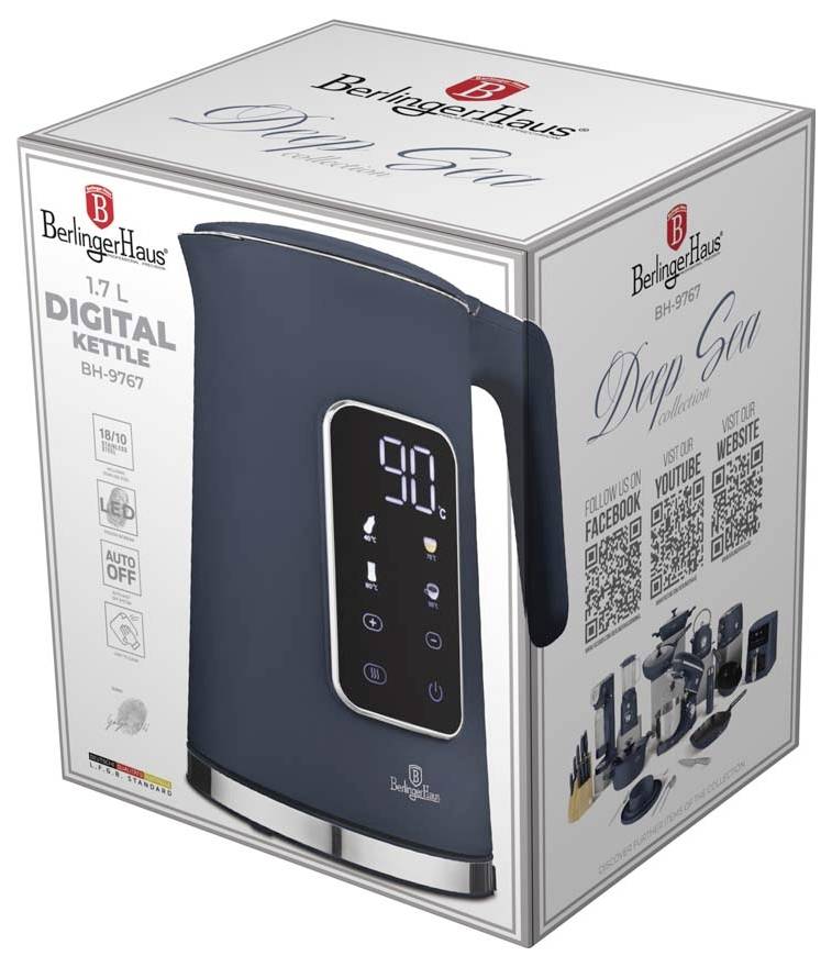 Produktová krabica pre digitálnu rýchlovarnú kanvicu Berlinger Haus s objemom 1,7 l, ktorá zobrazuje čiernu kanvicu s digitálnym displejom teploty a ikonami funkcií.