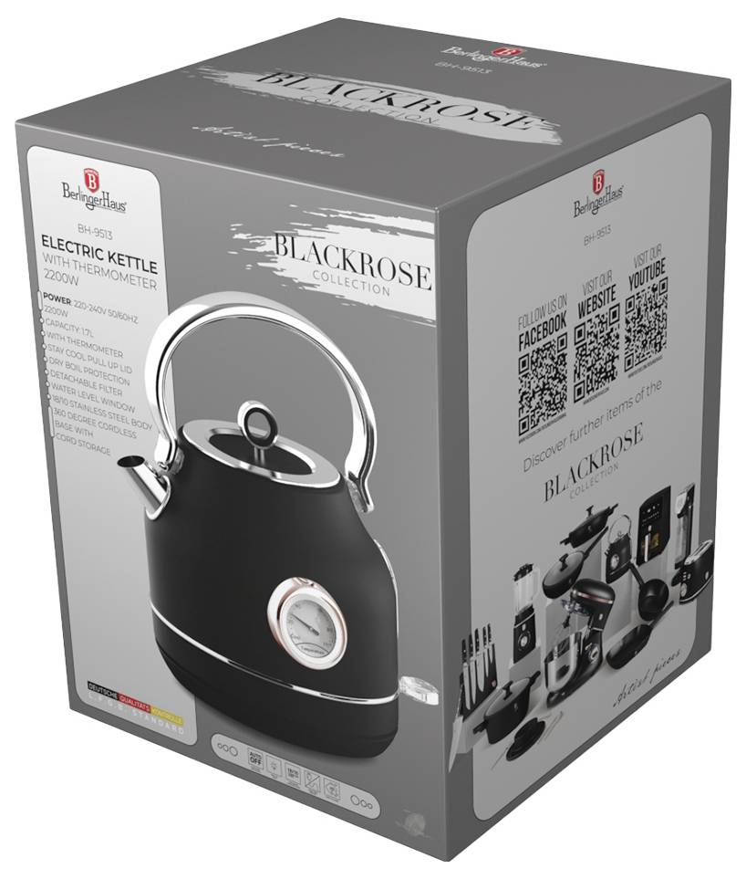 Krabica produktu na elektrickú kanvicu z kolekcie „Blackrose" s teplomerom, zobrazujúca obrázok čiernej kanvice a QR kódy pre Facebook, webovú stránku a YouTube.
