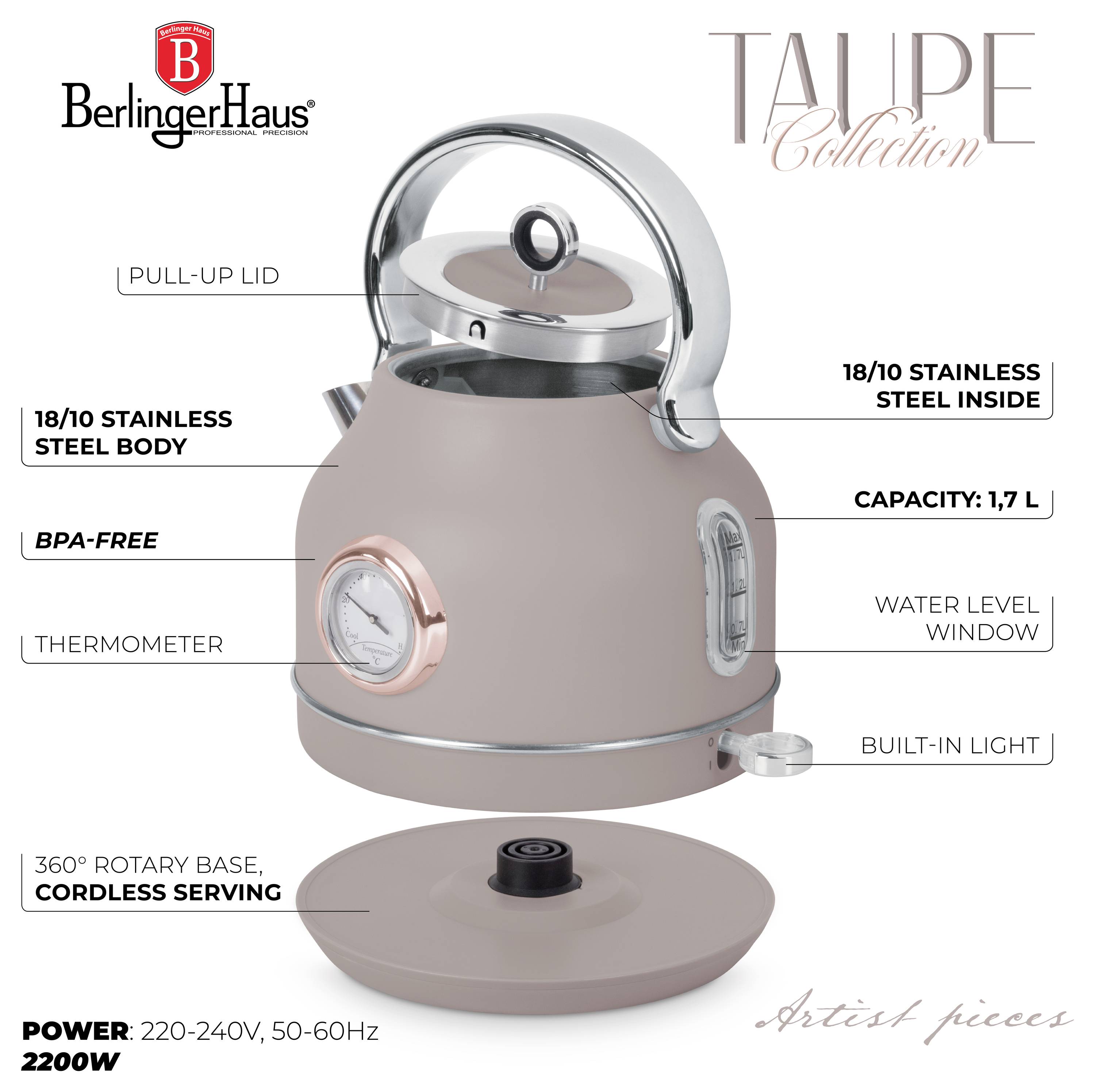 Produktový obrázok elektrickej kanvice BerlingerHaus "Tulipe Collection" s vyťahujúcim sa vrchnákom, teplomerom, oknom na hladinu vody, bezdrôtovým podstavcom a kapacitou 1,7 l.